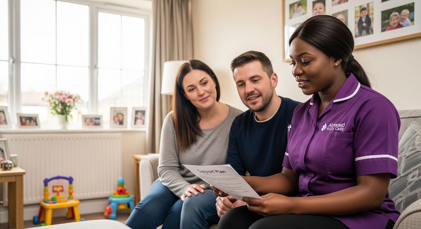 An Almond Flex Care coordinator discussing a children's support plan with parents in their Durham family home — illustrating the collaborative, parent-led approach to arranging children's home care