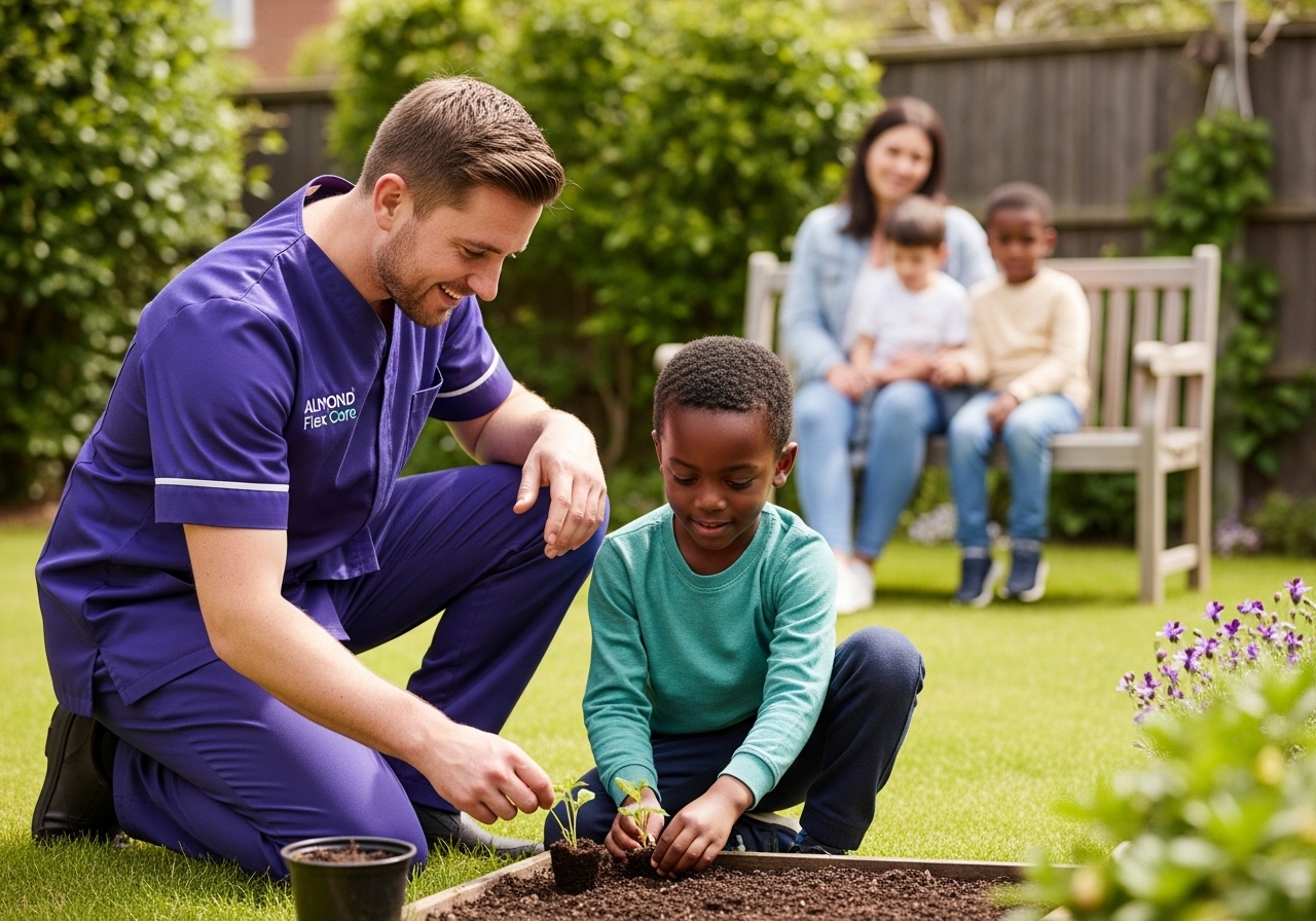 A White European Almond Flex Care support worker gardening with a young boy in his Durham family garden while his mother and sibling sit nearby — illustrating the play, activity, and developmental support included in children's home care
