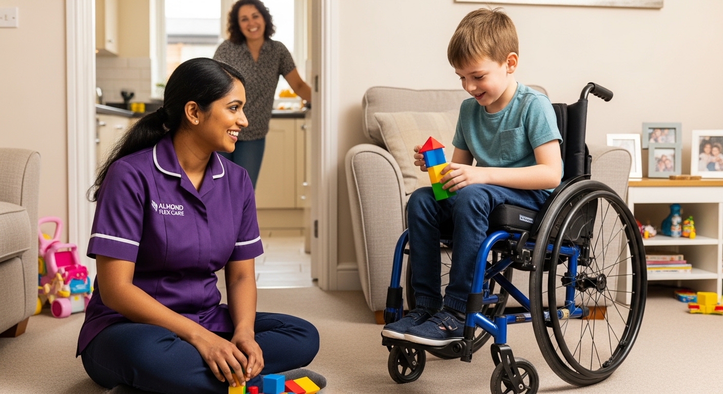 A South Asian Almond Flex Care support worker playing with a young boy who uses a wheelchair in his Durham family home while his mother watches — representing the family-centred children's home care service for children aged 0 to 18