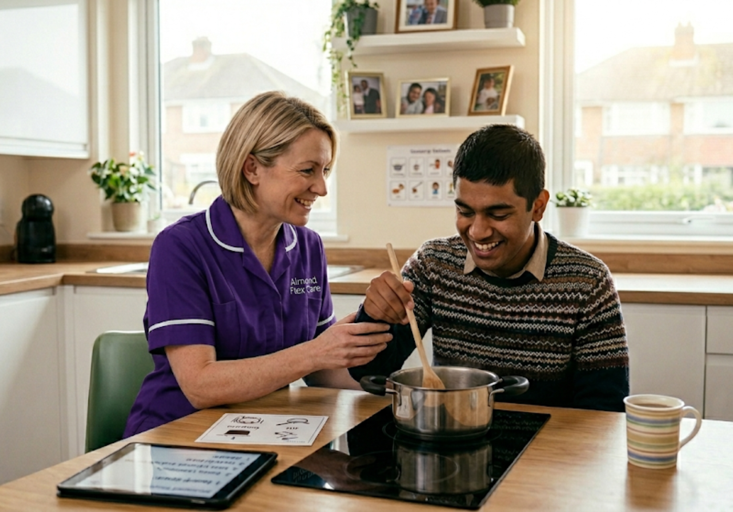 A White European Almond Flex Care support worker helping a young man learn to cook in his Durham supported living flat — representing the independent living skills support included in the service