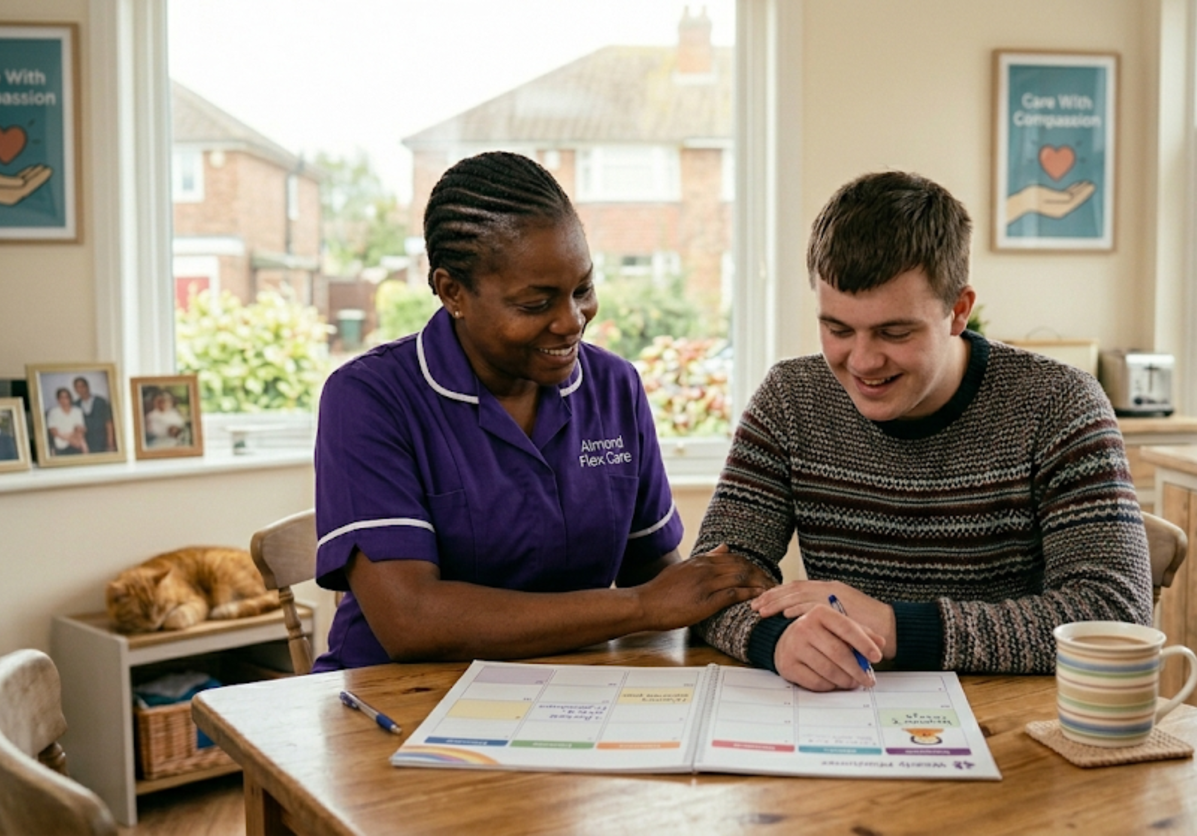 A Black African Almond Flex Care support worker helping a young man plan his week in his Durham home — representing the empowering, person-centred supported living service